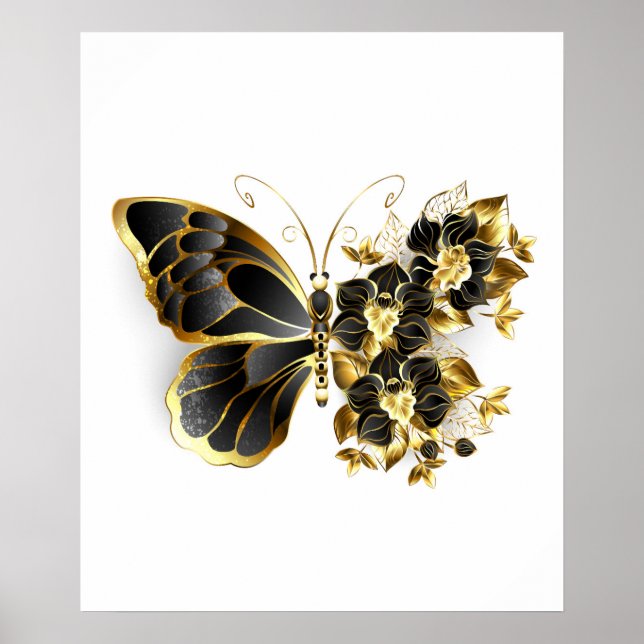 Guld Flower Butterfly med Black Orchid Poster (Framsidan)