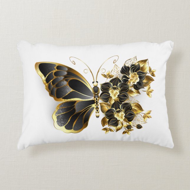 Guld Flower Butterfly med Black Orchid Prydnadskudde (Framsidan)