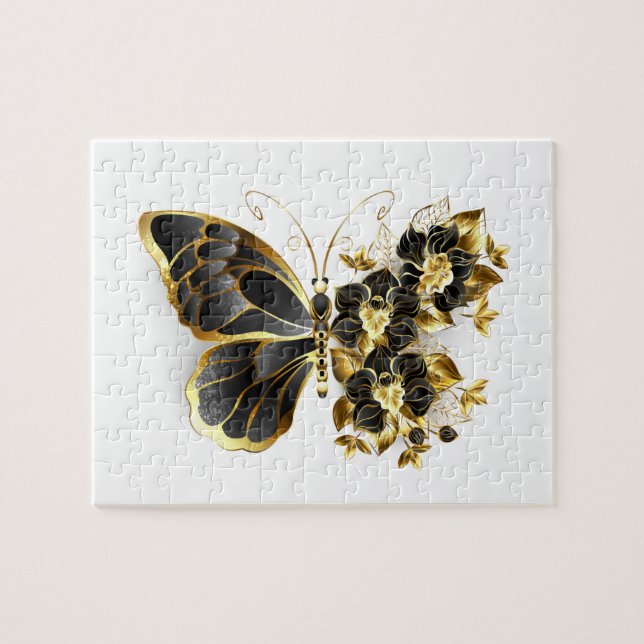 Guld Flower Butterfly med Black Orchid Pussel (Horisontell)