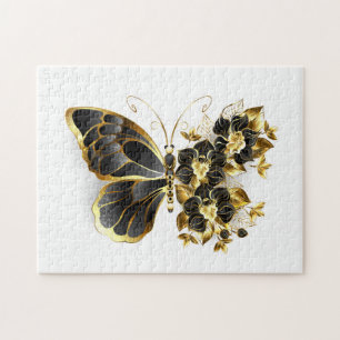 Guld Flower Butterfly med Black Orchid Pussel