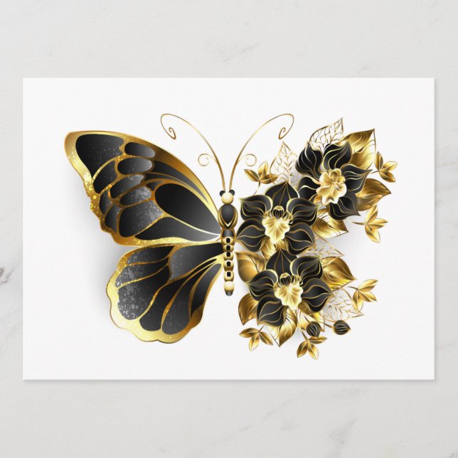 Guld Flower Butterfly med Black Orchid Rådkort (Framsida)