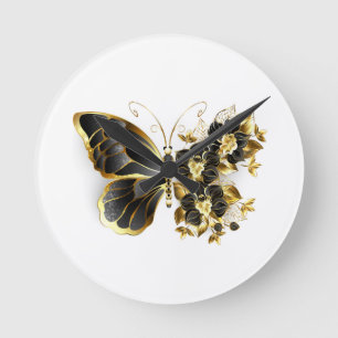 Guld Flower Butterfly med Black Orchid Rund Klocka