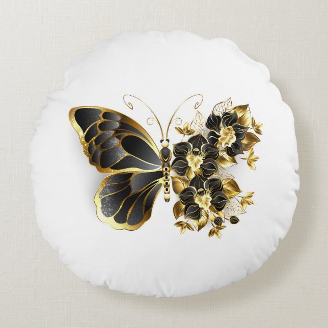 Guld Flower Butterfly med Black Orchid Rund Kudde (Framsidan)