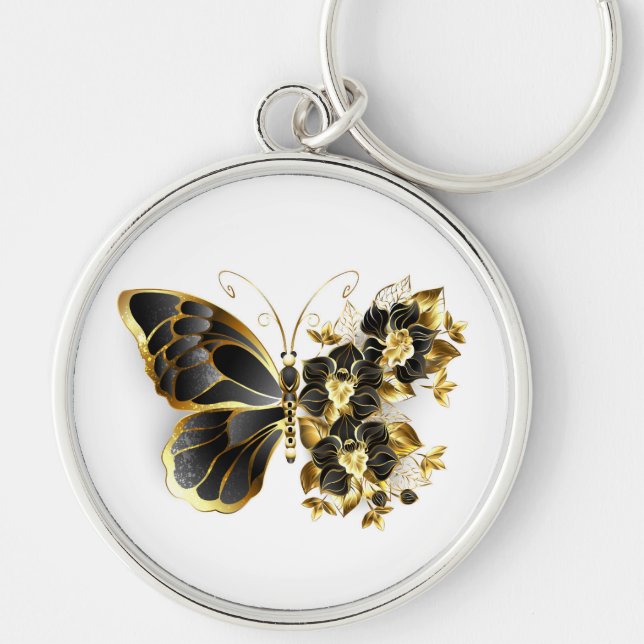 Guld Flower Butterfly med Black Orchid Rund Silverfärgad Nyckelring (Framsidan)