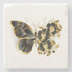 Guld Flower Butterfly med Black Orchid Stenunderlägg