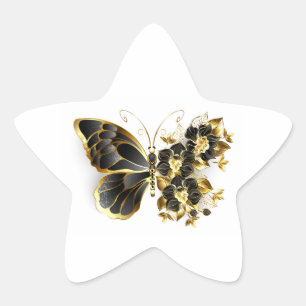 Guld Flower Butterfly med Black Orchid Stjärnformat Klistermärke