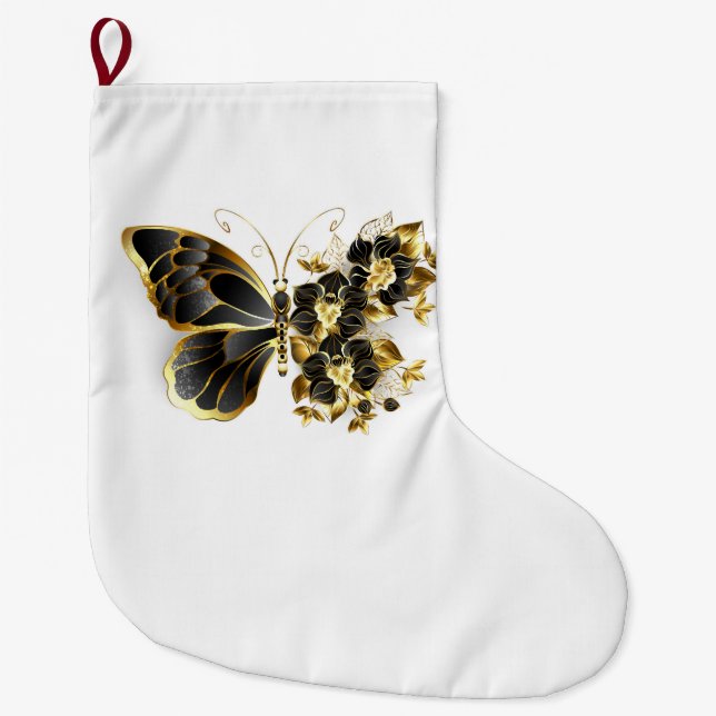 Guld Flower Butterfly med Black Orchid Stor Julstrumpa (Framsidan)