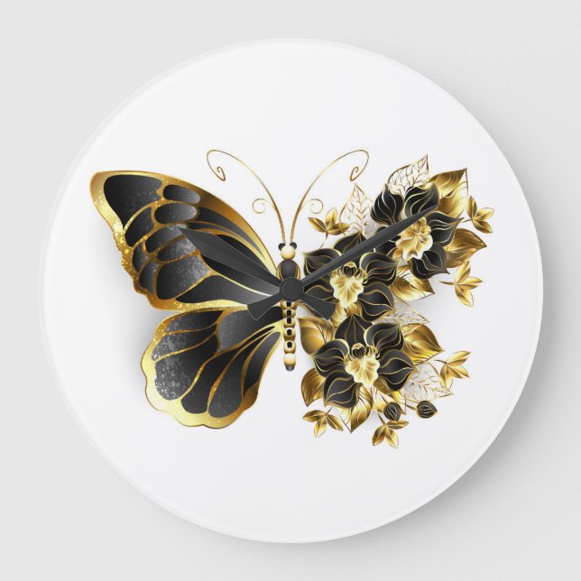Guld Flower Butterfly med Black Orchid Stor Klocka (Framsida)