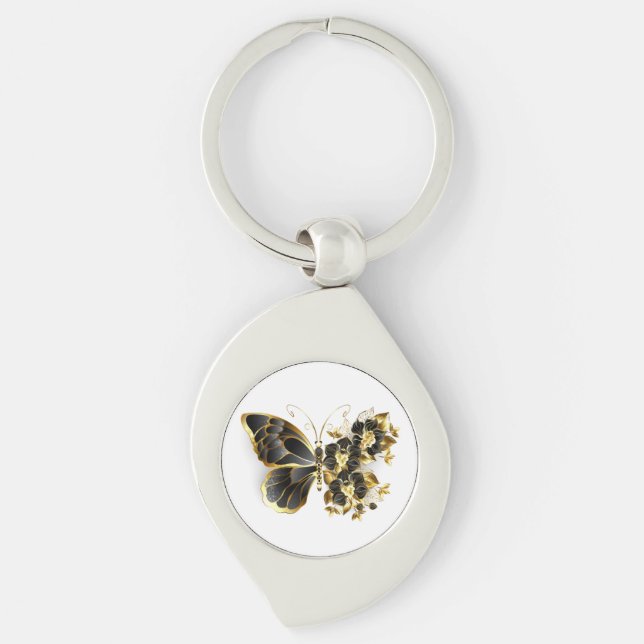 Guld Flower Butterfly med Black Orchid Swirl Silverfärgad Nyckelring (Framsidan)