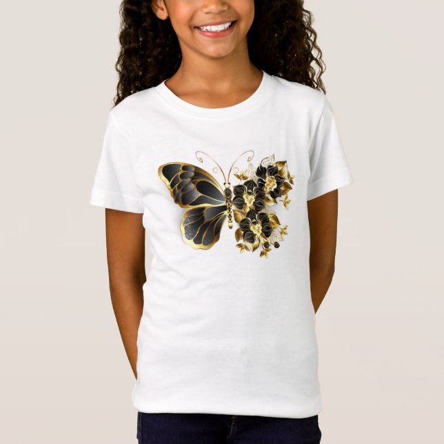 Guld Flower Butterfly med Black Orchid T Shirt (Framsida)
