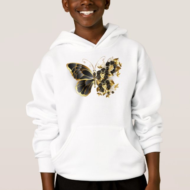 Guld Flower Butterfly med Black Orchid T Shirt (Framsida)