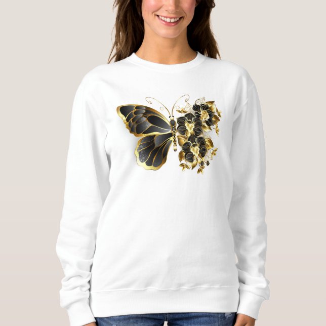 Guld Flower Butterfly med Black Orchid T Shirt (Framsida)