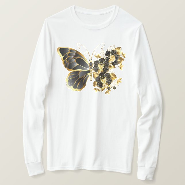 Guld Flower Butterfly med Black Orchid T Shirt (Design framsida)