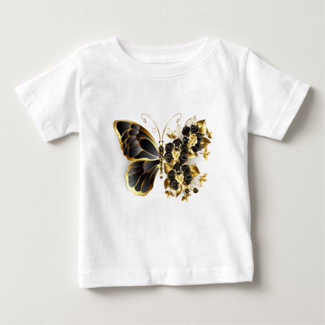Guld Flower Butterfly med Black Orchid T Shirt (Framsida)