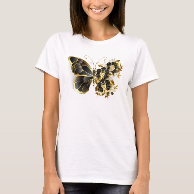 Guld Flower Butterfly med Black Orchid T Shirt (Framsida)