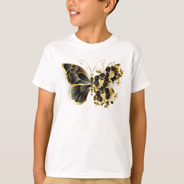 Guld Flower Butterfly med Black Orchid T Shirt (Framsida)