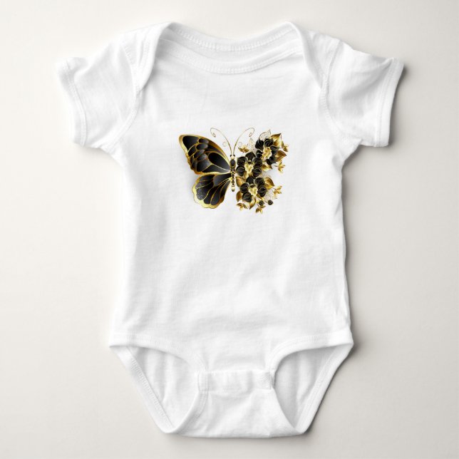 Guld Flower Butterfly med Black Orchid T Shirt (Framsida)