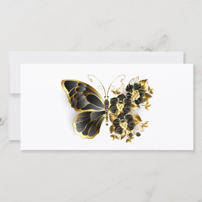 Guld Flower Butterfly med Black Orchid Tack Kort (Framsida)