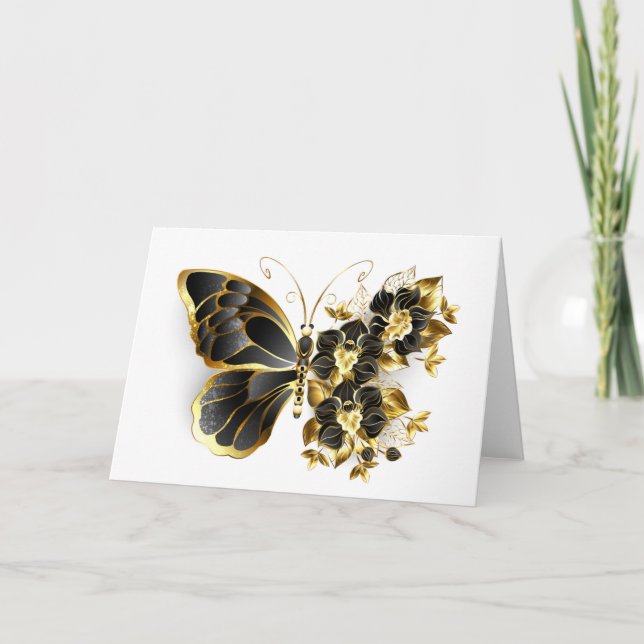 Guld Flower Butterfly med Black Orchid Tack Kort (Framsida)