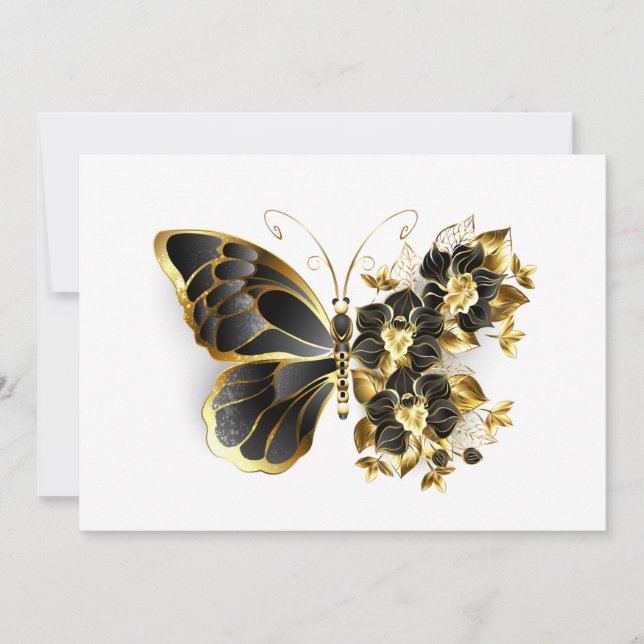Guld Flower Butterfly med Black Orchid Tack Kort (Framsida)