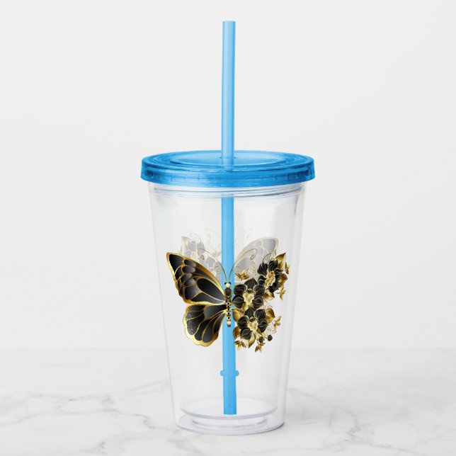 Guld Flower Butterfly med Black Orchid Take Away Mugg (Framsida)