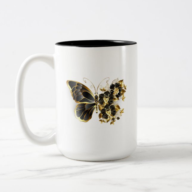 Guld Flower Butterfly med Black Orchid Två-Tonad Mugg (Vänster)