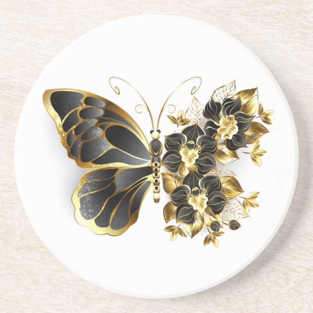 Guld Flower Butterfly med Black Orchid Underlägg (Framsidan)