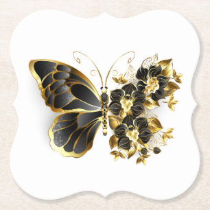 Guld Flower Butterfly med Black Orchid Underlägg Papper
