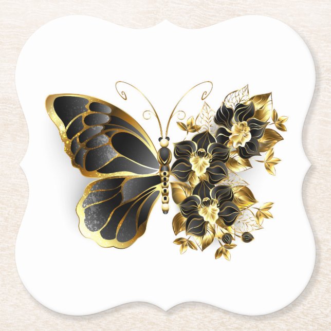 Guld Flower Butterfly med Black Orchid Underlägg Papper (Framsida)