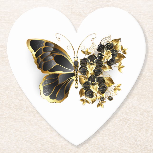 Guld Flower Butterfly med Black Orchid Underlägg Papper (Framsida)