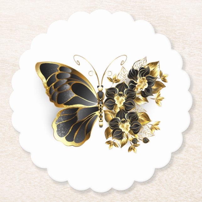 Guld Flower Butterfly med Black Orchid Underlägg Papper (Framsida)