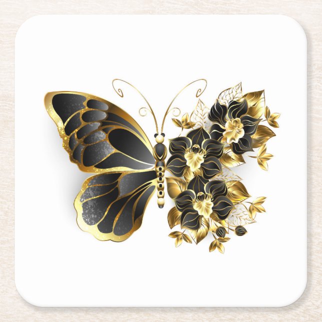 Guld Flower Butterfly med Black Orchid Underlägg Papper Kvadrat (Framsidan)