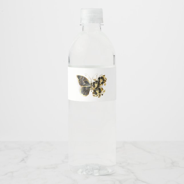 Guld Flower Butterfly med Black Orchid Vattenflaska Etikett (Framsida)