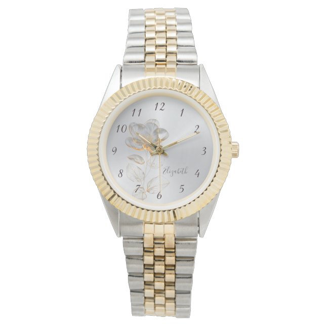 Guld Flower Silver Lägg till Namn Armbandsur (Framsida)