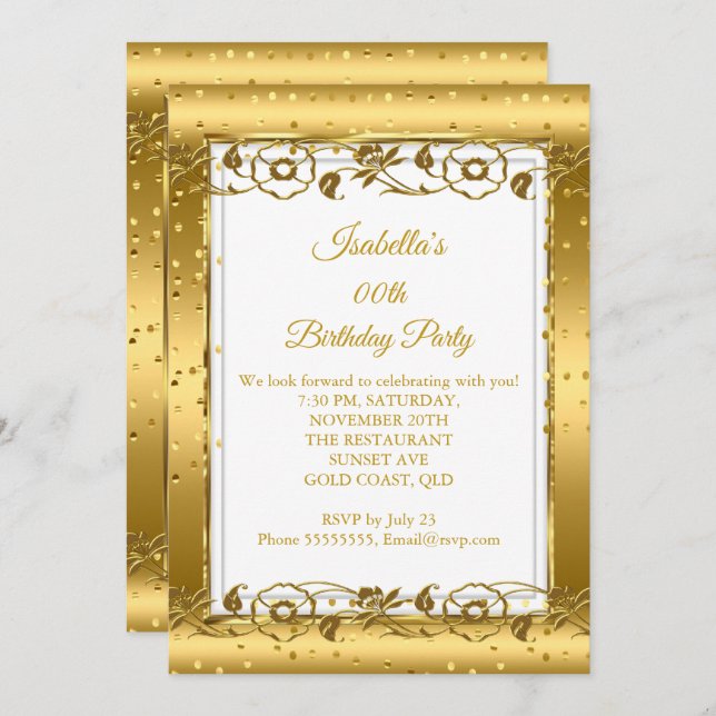 Guld Flower White Glitter Födelsedagsfest Inbjudningar (Fram/baksida)