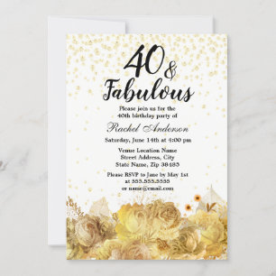 Guld Flowers Glitter 40 och Fabulous 40:e födelsed Inbjudningar