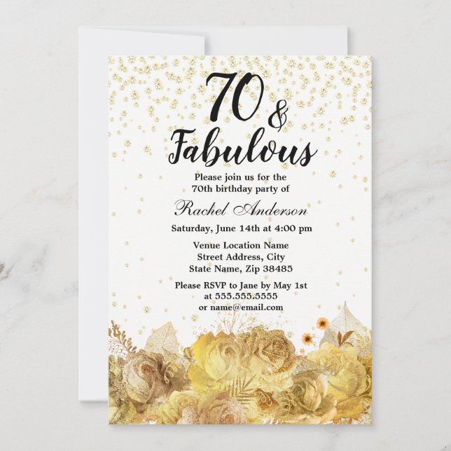 Guld Flowers Glitter 70 och Fabulous 70:e födelsed Inbjudningar (Framsida)