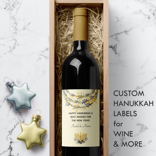 Guld Flowers Menorah Gult Lycklig Hanukkah Vinflaska Etikett (Yellow Happy Hanukkah Navy & Gold Flowers Menorah Wine Label
)
