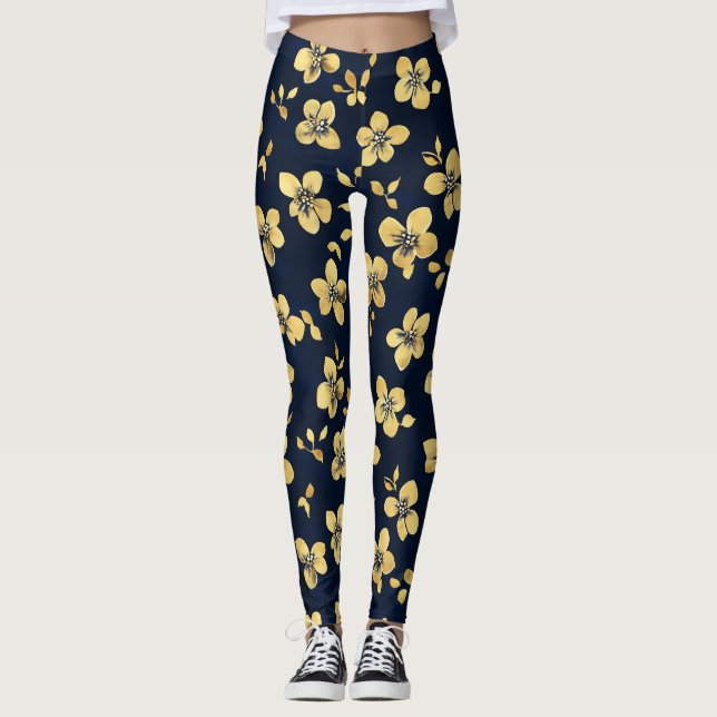 Guld Flowers Mönster Leggings (Framsida)