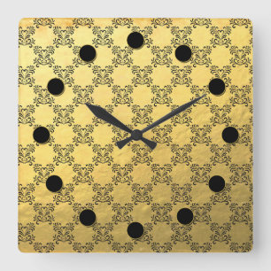 Guld Foil and Black Brocade Mönster Wall Clock Fyrkantig Klocka