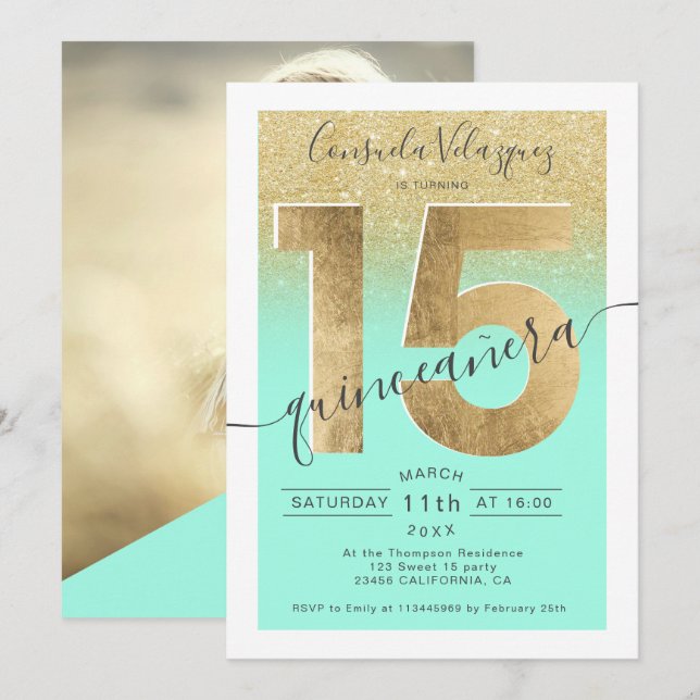 guld foil glitter skript mint quinceanera-foto inbjudningar (Fram/baksida)