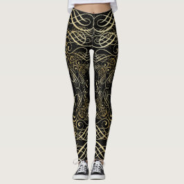 Guld Foil look Scrollwork Script på Black Elegant Leggings