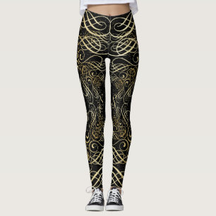 Guld Foil look Scrollwork Script på Black Elegant Leggings