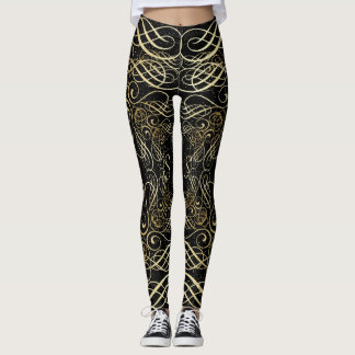 Guld Foil look Scrollwork Script på Black Elegant Leggings