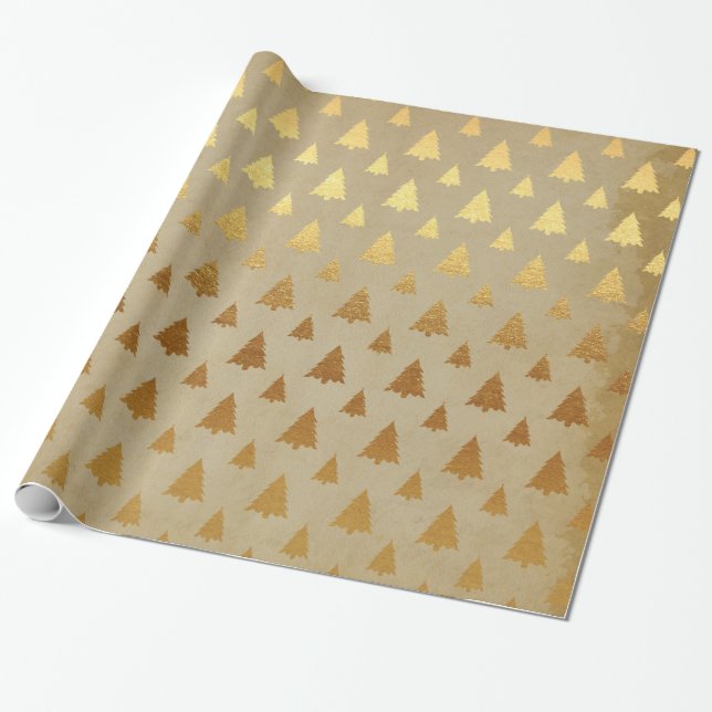 Guld Foil och Kraft Papper Rustic Julgran Presentpapper (Utrullad)