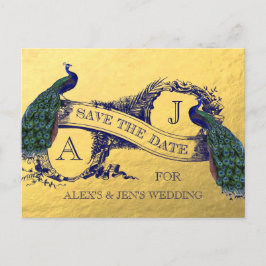 Guld Foil Peacock Save Date Postcard Meddelande Vykort