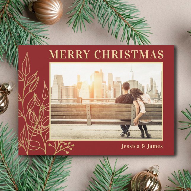 Guld Foliage Burgundy Photo God jul Julkort (Skapare uppladdad)