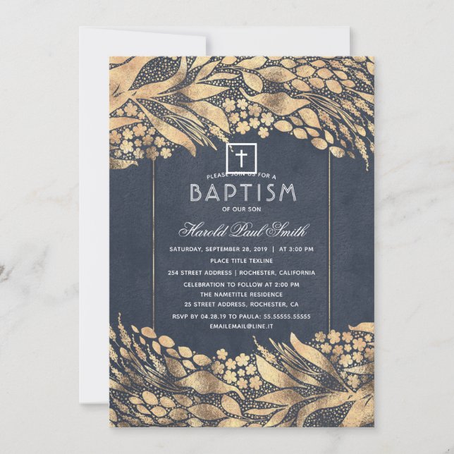 Guld Foliage Elegant Navy Blue Baptism Inbjudningar (Framsida)