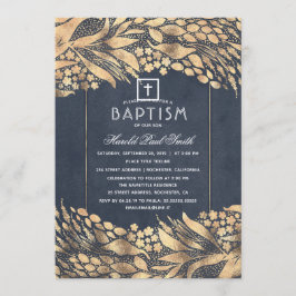 Guld Foliage Elegant Navy Blue Baptism Inbjudningar