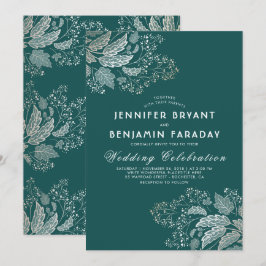 Guld Foliage Teal Grönt Elegant Modern Bröllop Inbjudningar